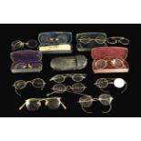 A Group of Antique Spectacles and Pince Nez: Five pairs of spectacles with gilt wire rims,