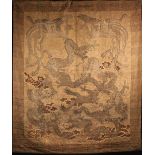 An Antique Signed Chinese Stumpwork Wall Hanging embroidered in a variety of stitch-work with silk