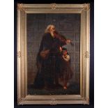 A Large Oil on Canvas Portrait of Elderly bearded Man playing a fiddle with a young bare-foot girl