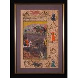 A 19th Century Persian Gauche Painting of a Hunting Scene below a panel of calligraphy,