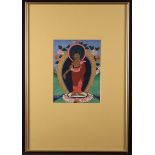 A Tibetan Thangka painted in gouache on fabric with female deity stood on a serpent,