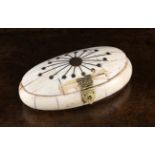 An Ovoid Trinket Box clad in segments of bone and inlaid with brass, 2 in (5 cm) high,