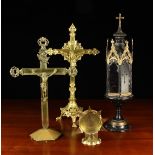 A Group of Religious Items: A tôleware standing candle lantern surmounted by a cross,