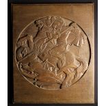 An Oak Arts & Crafts Panel having a recessed roundel carved with depiction of St George & The