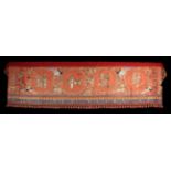 An Embroidered Chinese Marriage Banner worked in coloured silks and metallic threads on a crimson