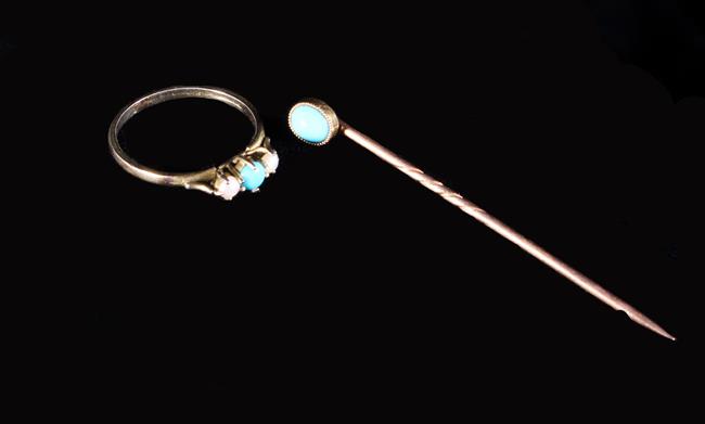 A Pretty Turquoise & Seed Pearl Ring and a Tie Pin set with Turquoise.