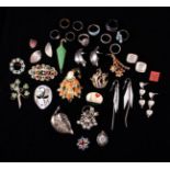 A Collection of Various Brooches, Earrings and Rings to include an enamelled umbrella brooch.