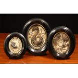 Three Fine 19th Century French Hairwork Memorial Souvenirs set behind domed glass in oval ebonised