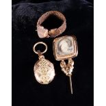 Three Pieces of Antique memorial Jewellery: A Gold pin brooch inset with a lock of hair and