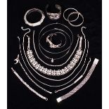 A Collection of Silver Coloured Costume Jewellery to include; a heavy chain bracelet (925) 48g,