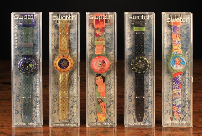 Five 'Scuba 200' Swatch Watches with original boxes (used).
