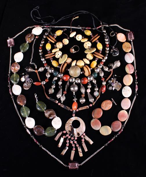 A Group of Seven Necklaces of coloured stones, glass and shell.