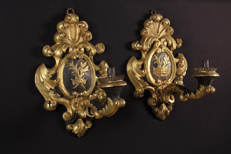 A Pair of 18th Century Carved, Painted and Gilded Wooden Wall Sconces.