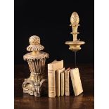 A Group of Five Small Vellum Bound Antiquarian Books & Two 18th Century Carved Giltwood Finials,