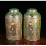 A Pair of 19th Century Tôleware Tea Canisters decorated with chinoiserie figures on an apple green