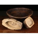 A Treen Bowl & Two Antique Sycamore Culinary Moulds: One carved from a D-ended oblong block with a