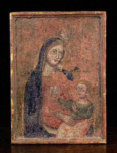 A Tempera on Wood Painting of Madonna & Child, 14th Century, Siena, 12¼" x 9" (31.5 cm x 22.5 cm).