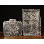 Two Relief Carved Wooden Armorial Panels dated 1600, both painted black.