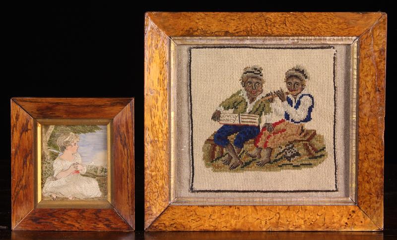 A Small 19th Century Wool-work Panel depicting two barefoot figures sat on a rustic stool,