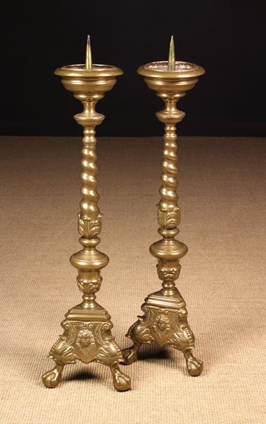 A Pair of Large 17th Century Baroque Bronze Pricket Candlestands.