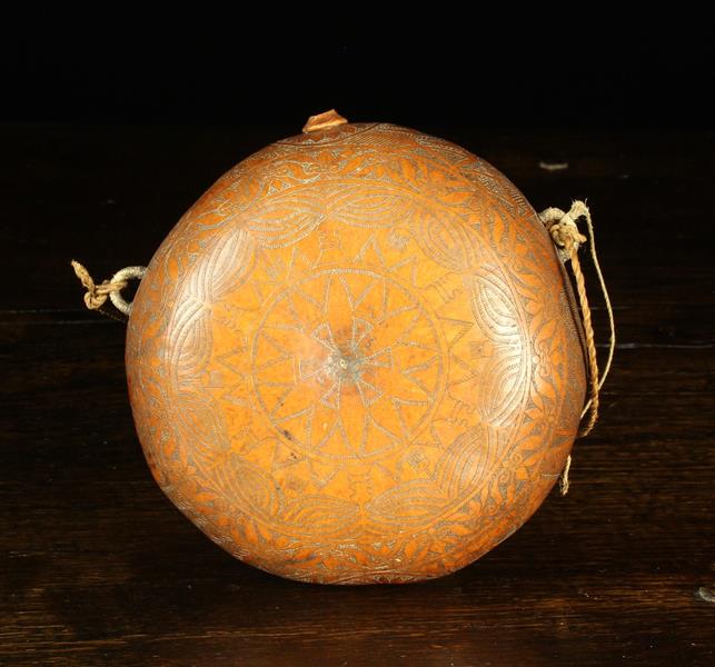 A Gourd Pilgrim Flask of round cushion form engraved with intricate decoration and having a small - Image 2 of 4