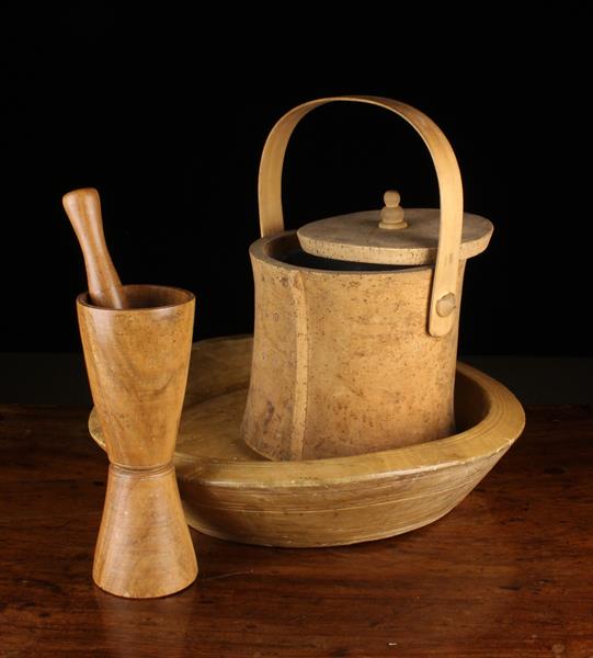 Three Pieces of Treen: An Insulated Cork-Clad Picnic Container with bent-wood handle,