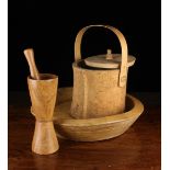 Three Pieces of Treen: An Insulated Cork-Clad Picnic Container with bent-wood handle,