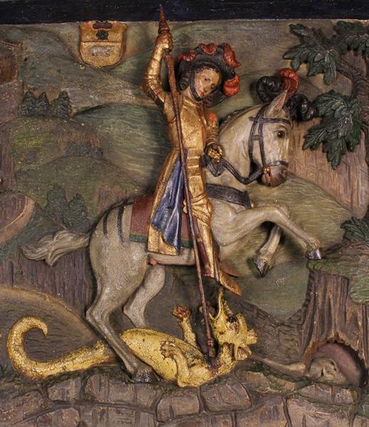 A Fabulous 16th Century Polychromed Relief Carving of Saint George on horseback dressed in gilded - Image 2 of 3