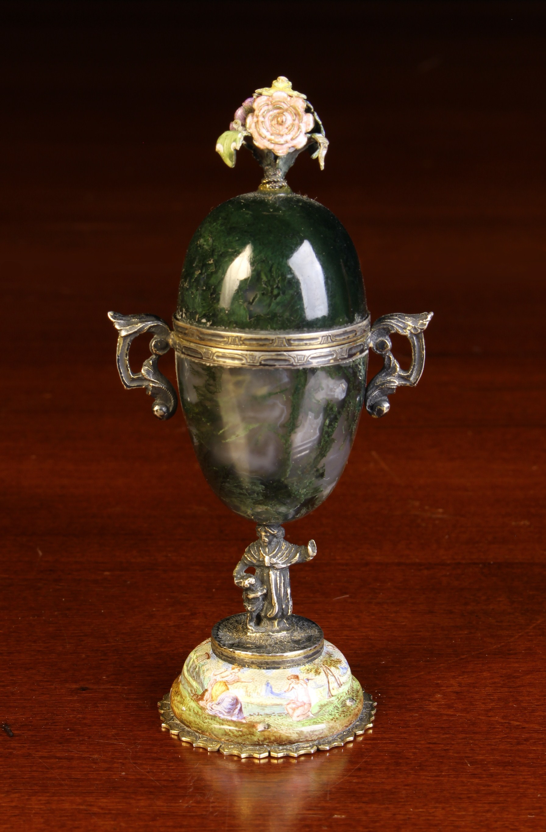 A Bijou Vienna Enamel & Moss-Agate Urn Clock. - Image 3 of 4