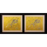 A Pair of Antique Chinese Imperial Yellow Silk Panels embroidered in silvery grey silks with