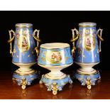 A Late 19th Century Continental Porcelain Garniture Set comprising of two twin-handled pedestal