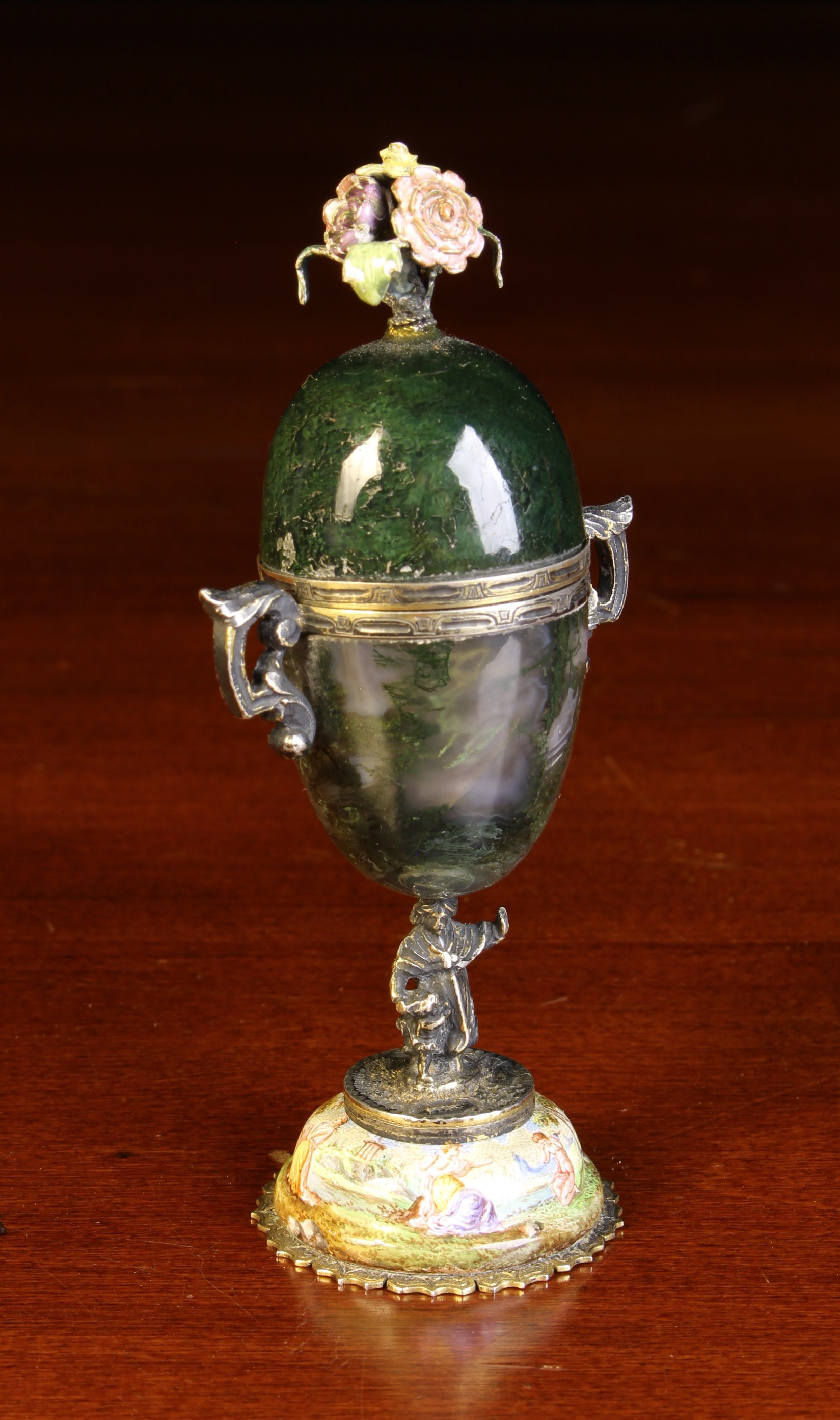 A Bijou Vienna Enamel & Moss-Agate Urn Clock. - Image 4 of 4