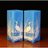 A Pair of Square Aesthetic Turquoise Glass Vases decorated with white enamelled storks amongst