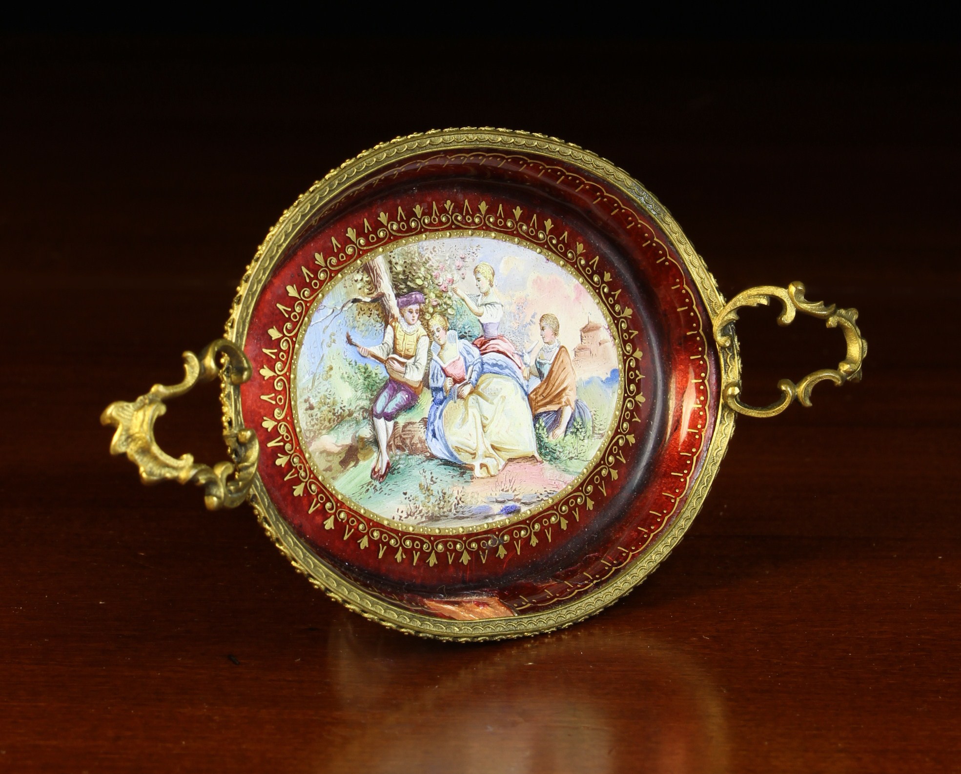 A Miniature Viennese Enamel Oval Tray with gilt bronze mounts (A/F). - Image 2 of 3