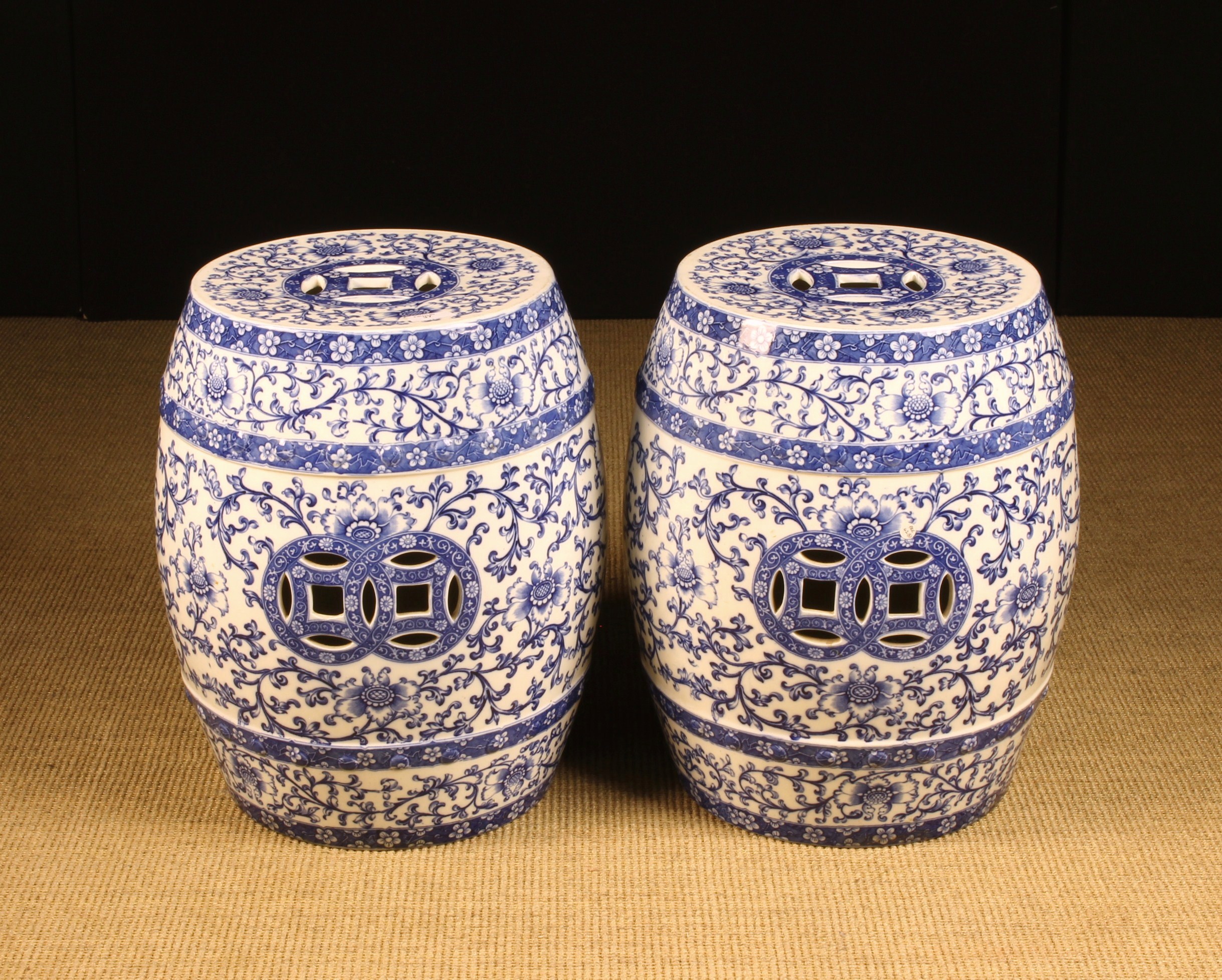 A Pair of Fine Mintons Chinese Style Garden Seats, with incised date marks for 1881.