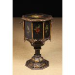An Unusual Victorian Tôleware Container of octagonal form on a pedestal base.