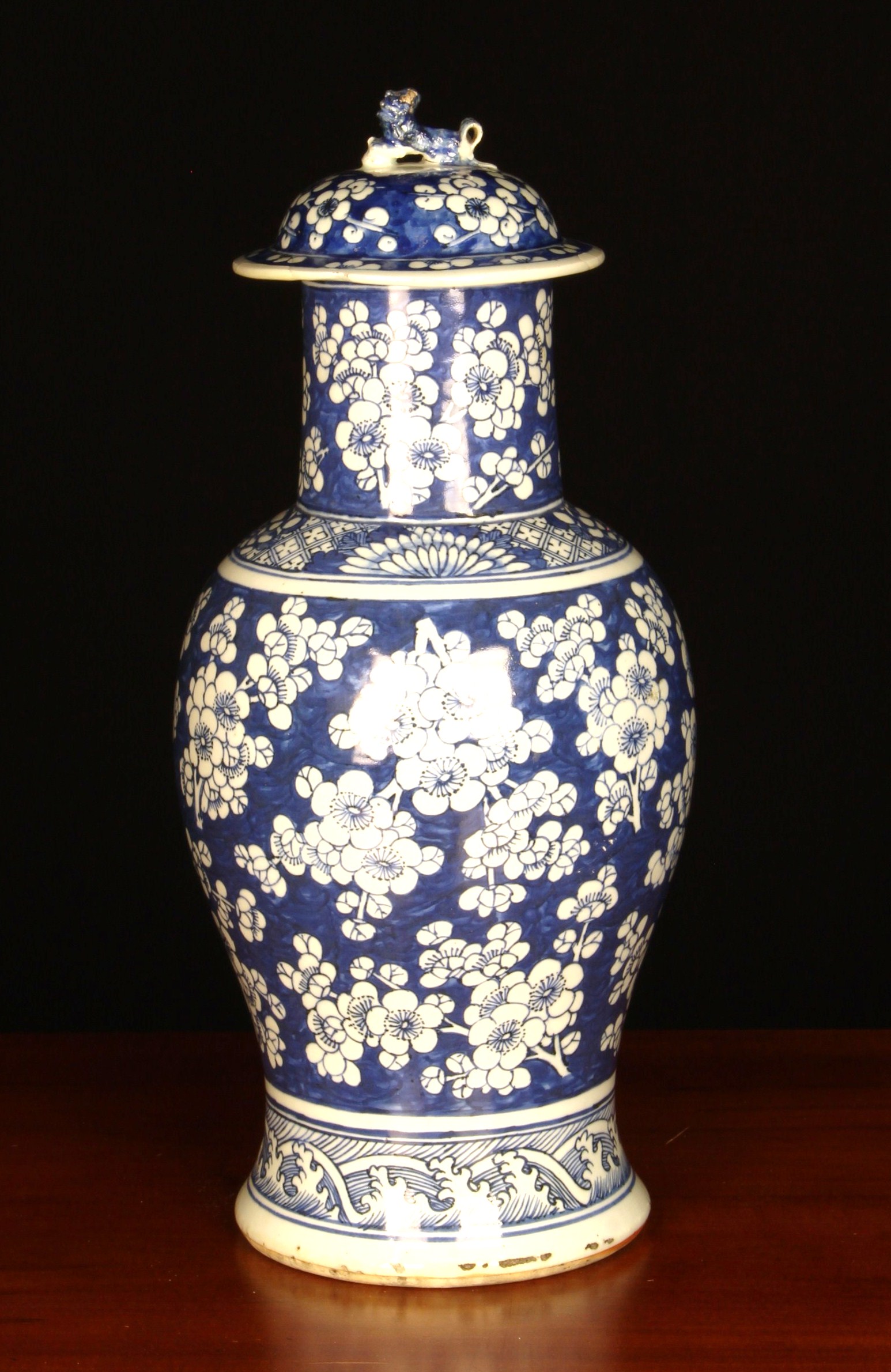 A Kangxi Blue & White Vase & Cover, with old museum type repairs.