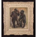 A 20th Century Oil on Canvas: Two silhouetted men wearing bowler hats stood talking,