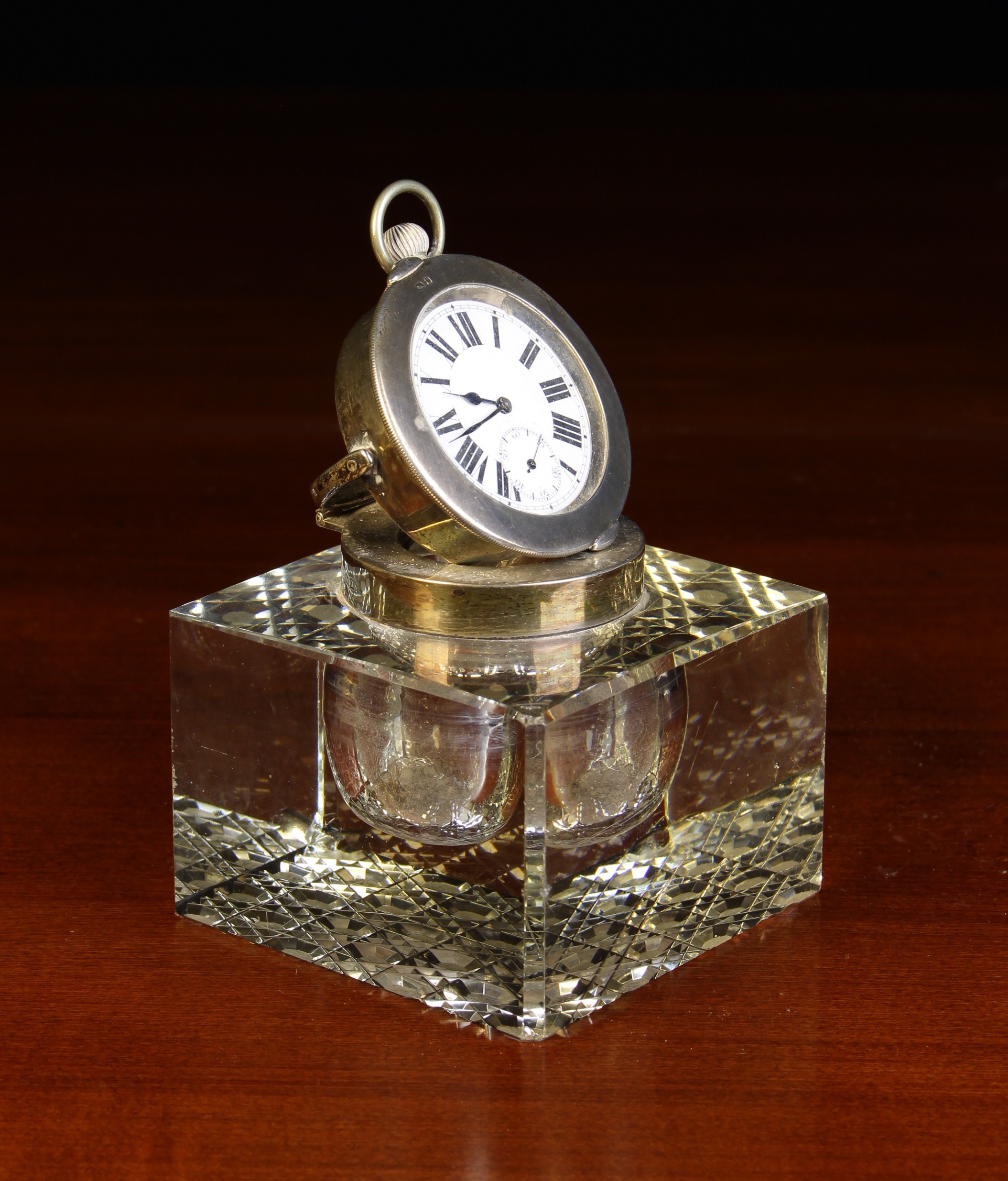A Handsome Silver Mounted Inkwell/Pocket Watch Holder hallmarked Birmingham 1913 with John Grinsell