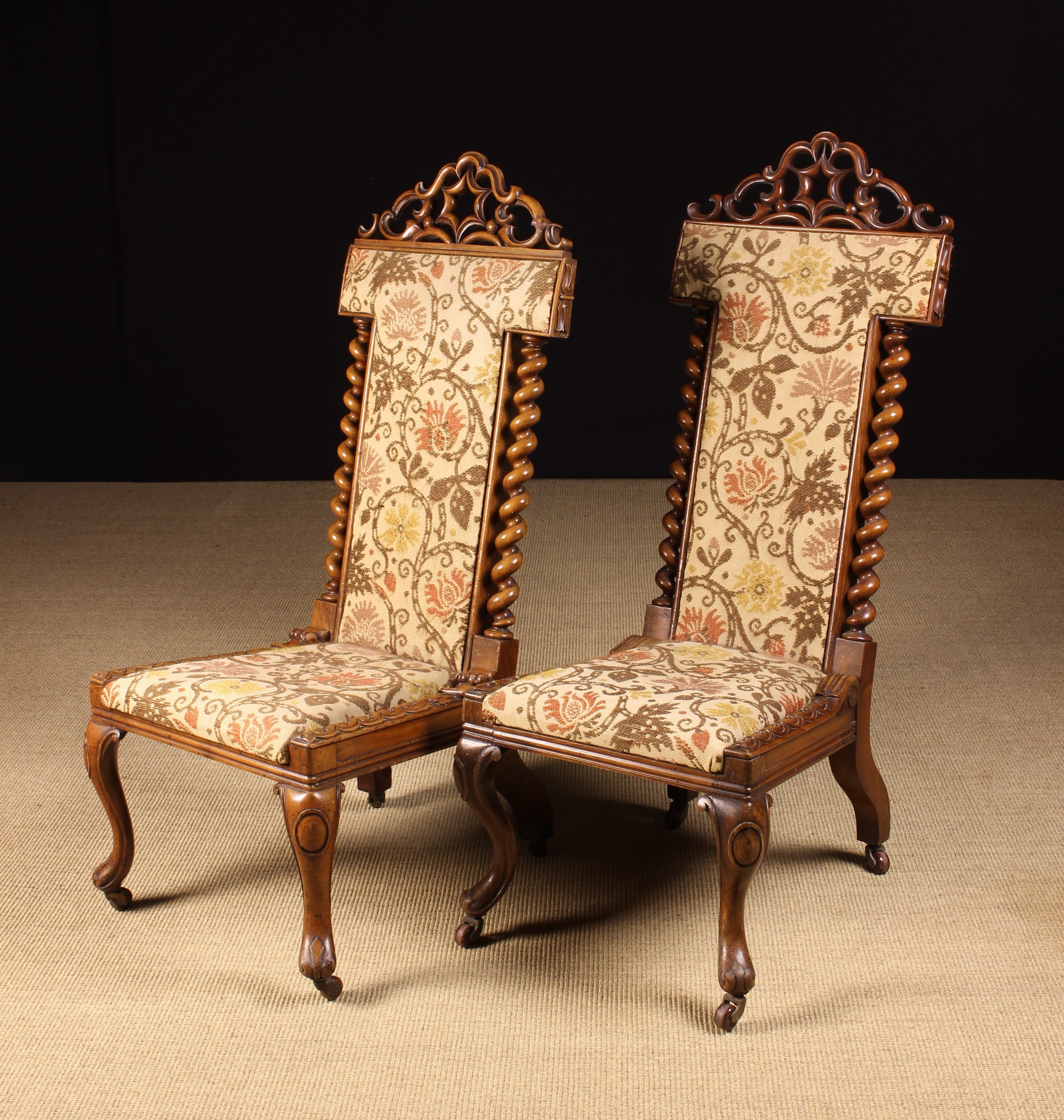 A Pair of Unusual 19th Century Walnut High-backed Side Chairs.