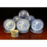 Fifteen Antique Pearlware Blue & White Plates transfer printed with Willow Pattern,