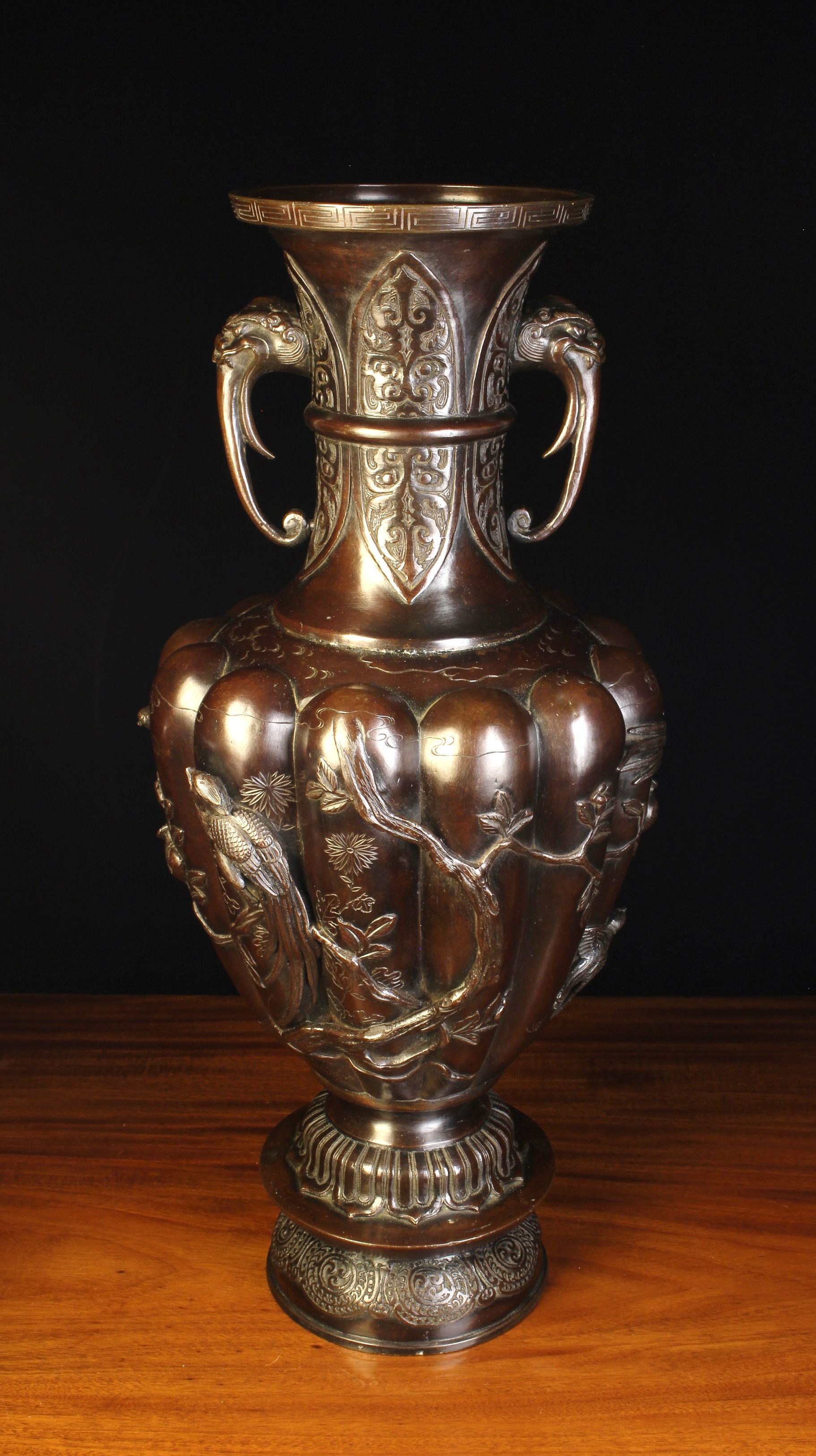 A Large 19th Century Japanese Brown Patinated Copper Alloy Vase.