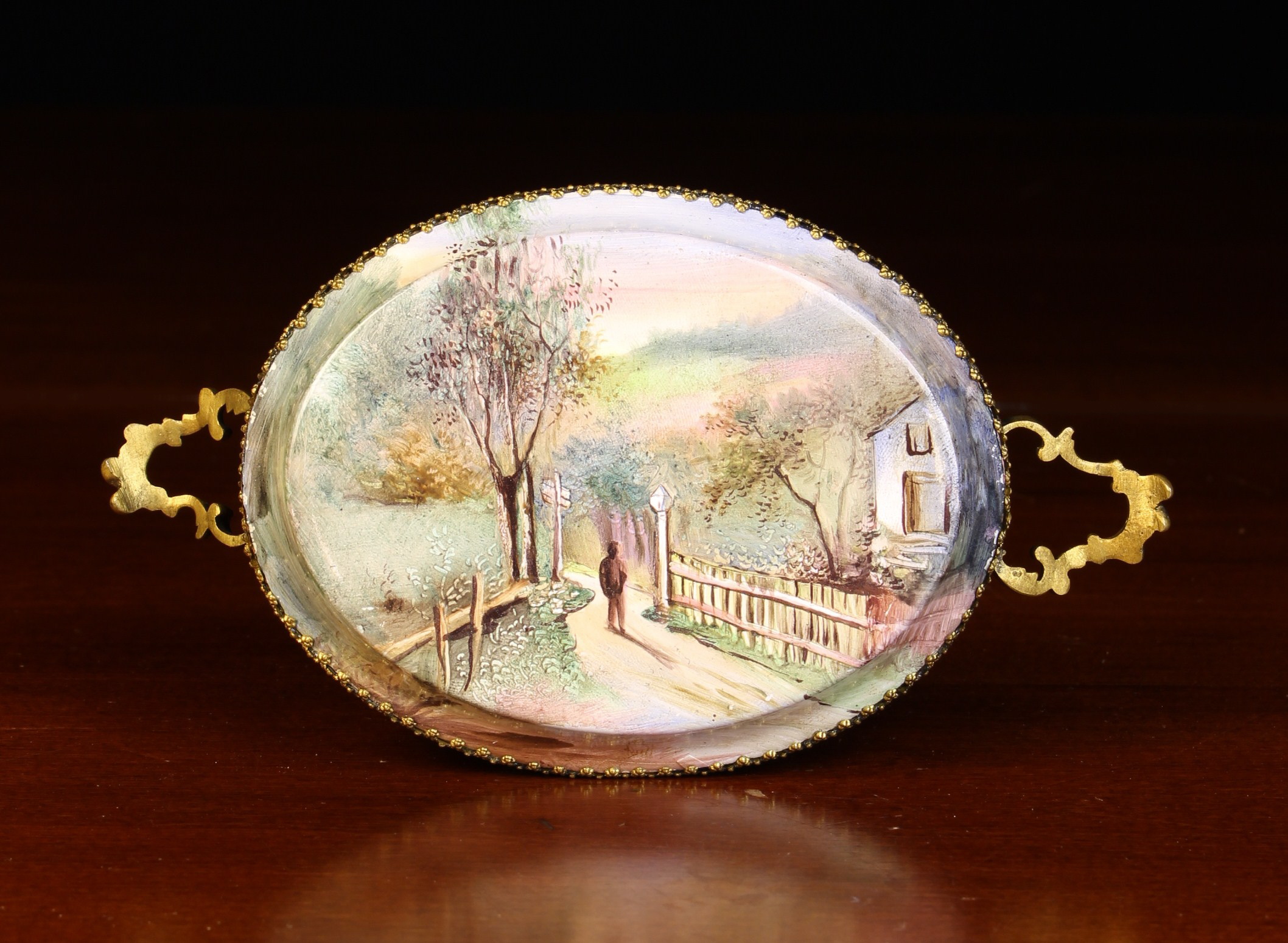 A Miniature Viennese Enamel Oval Tray with gilt bronze mounts (A/F). - Image 3 of 3