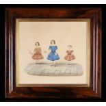 A 19th Century Folk Art Group Portrait naively painted in watercolours with three girls;