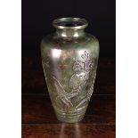 A 19th Century Japanese Dark Green Patinated Bronze Vase case in relief with a bird perched on