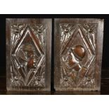 A Pair of Small 16th Century Oak Panels carved with profile portrait heads in lozenge divisions