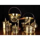 A Group of Decorative Brassware: Two Victorian jam pans with steel handles; one 10¾" (27 cm),