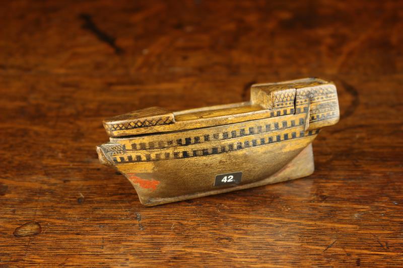 A Fine Early 19th century Carved & Painted Treen 'Ship of the Line' Snuff Box with hinged lid, - Image 3 of 5
