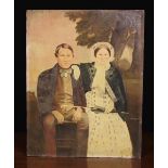 A 19th Century Unframed Folk Art Painting on Panel of a Man & Wife 18" x 14" (46 cm x 36 cm).