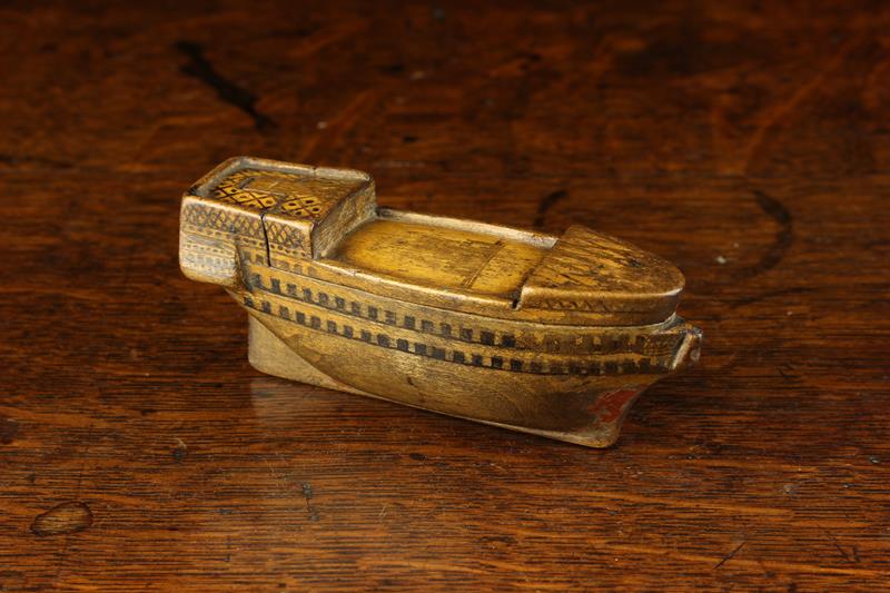 A Fine Early 19th century Carved & Painted Treen 'Ship of the Line' Snuff Box with hinged lid,